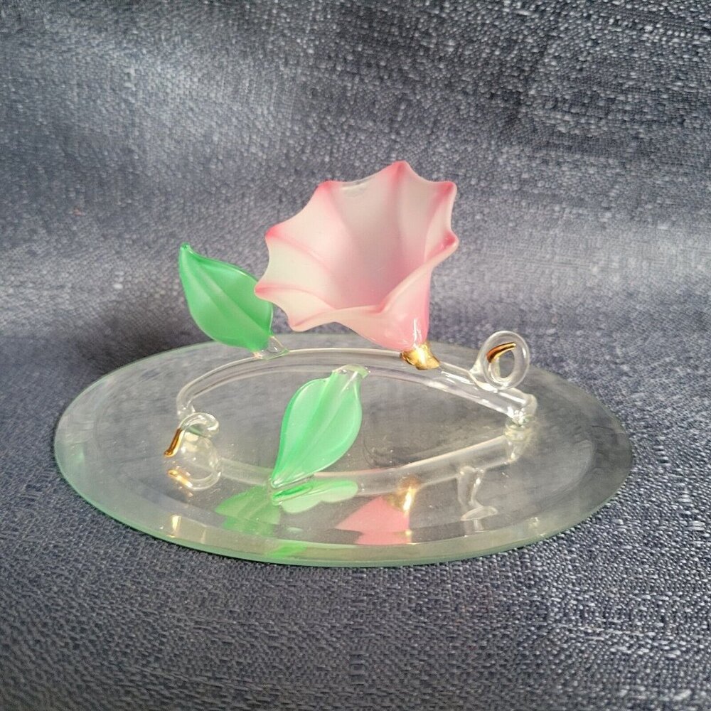 Handcrafted Glass Morning Glory Flower Figurine Ornament On Oval Base